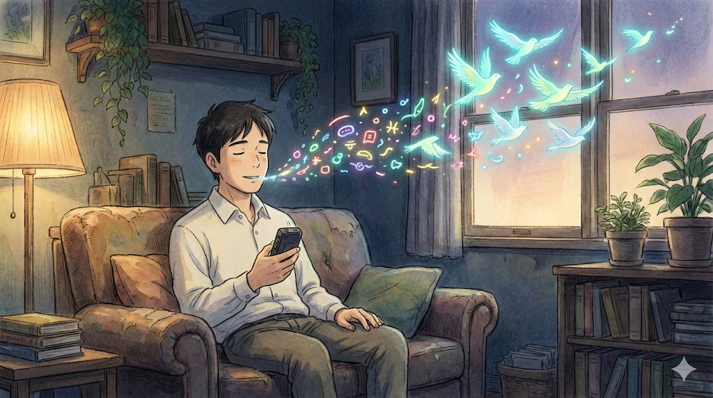 吃音の悩みを抱えながら独り言を録音する米国駐在員