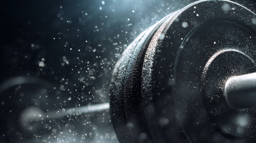 ジムのバーベルと舞い散るチョークの粉。ベンチプレス100kgを目指す日々のトレーニングの重み