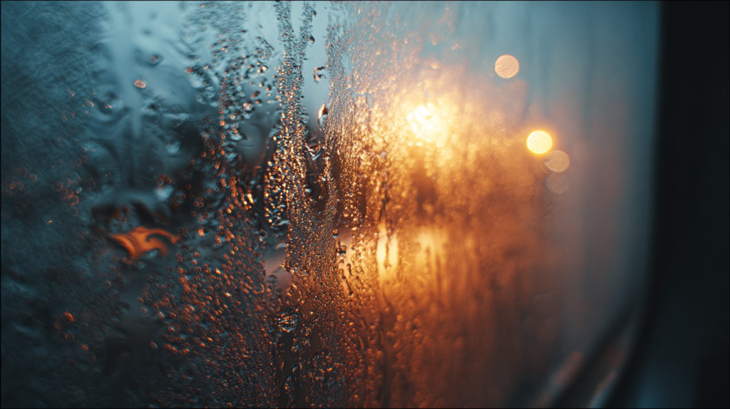 冬の車の窓ガラスで霜が溶けて水滴になる様子。吃音の難発が解けていくイメージ